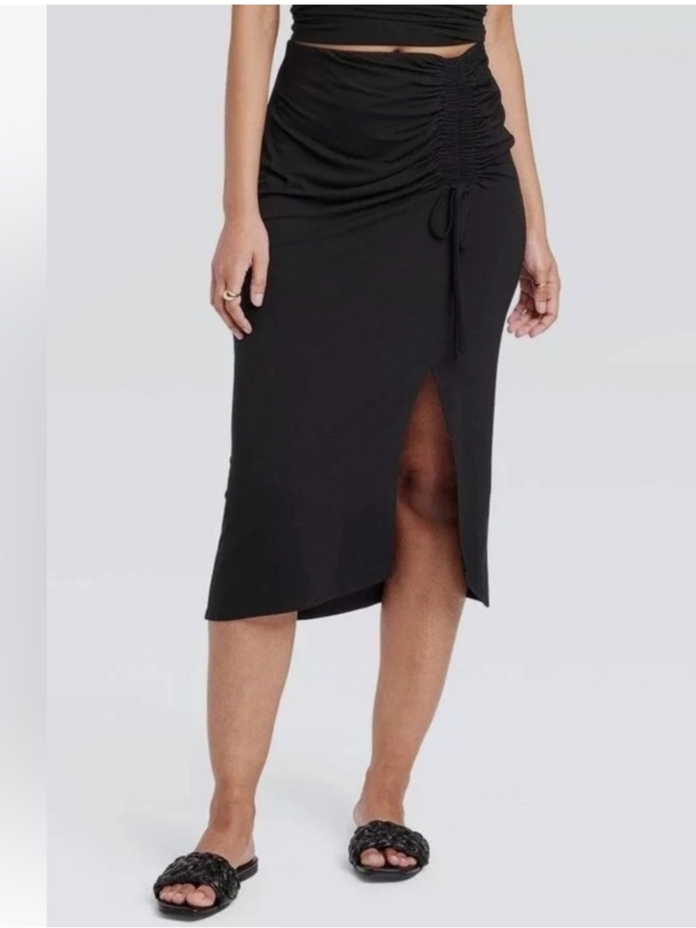 Forever 21 Black Satin Ruched Drawstring Slit Midi Skirt S